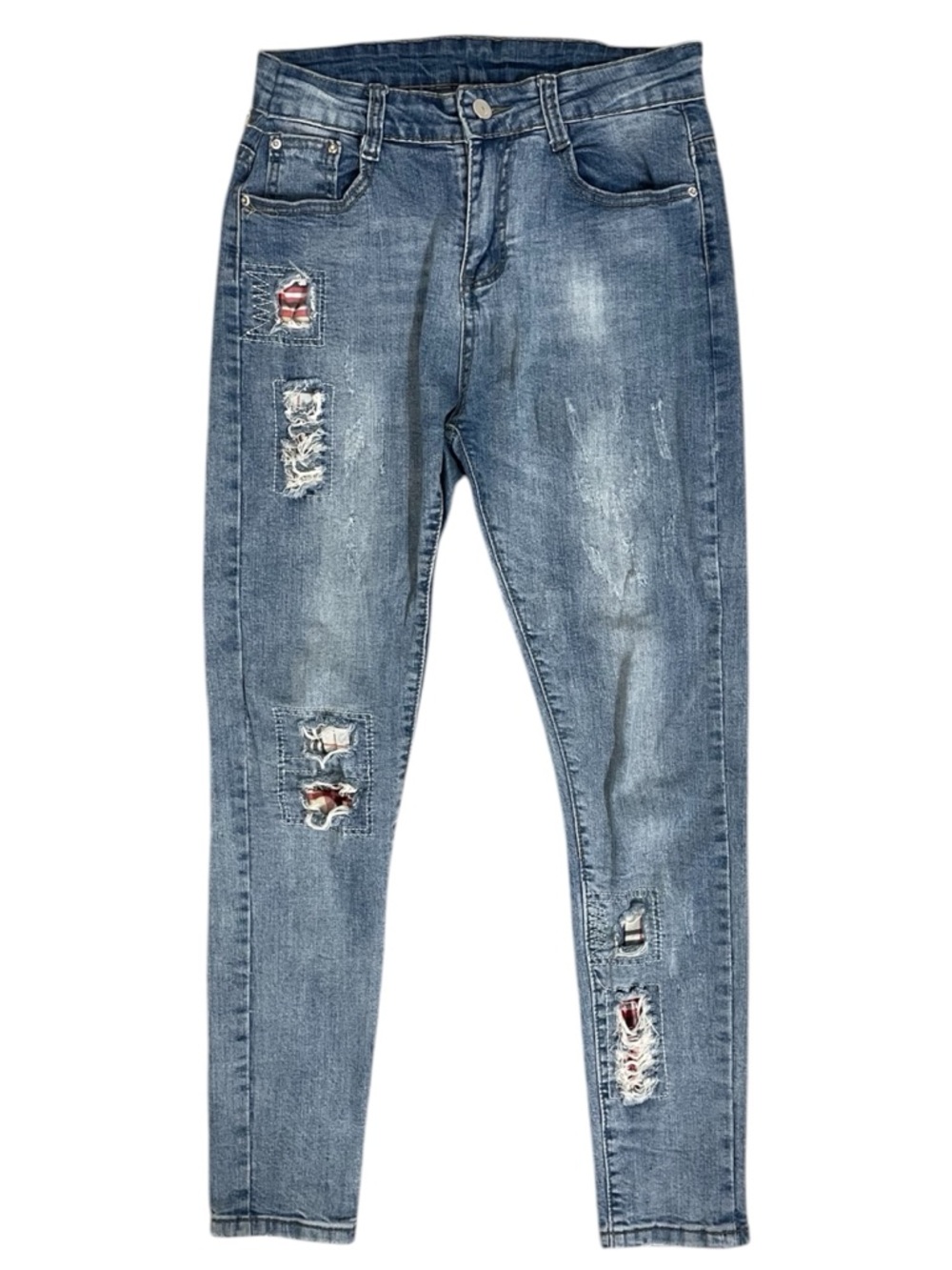 Distressed Slim Fit Jeans Ripped Denim Blue Streetwear Y2K Style
